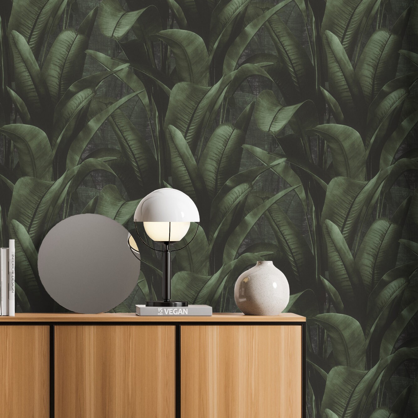 Two white posters in beige living room with wooden coating, sideboard