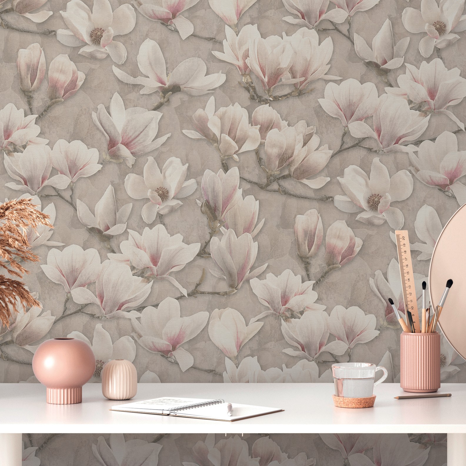 Home,Work,Place,,Table,With,Dã©cor,And,Blank,Wall,Mockup